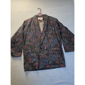 Learsi Vintage Floral Denim Blazer Jacket Cotton Shoulder Pads Dark Wash Large